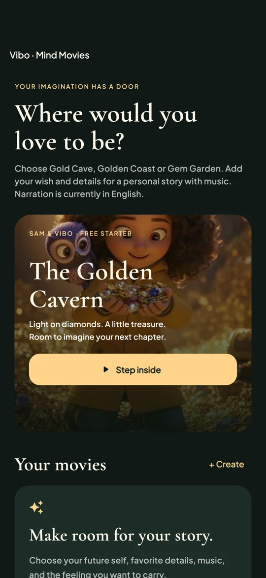 Vibo Mind Movies library in the test build, with the free Golden Cavern starter and saved personal movies