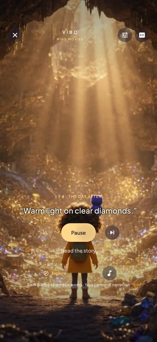 Vibo’s submitted cinematic player with moving gold cave scenes, narration and playback controls
