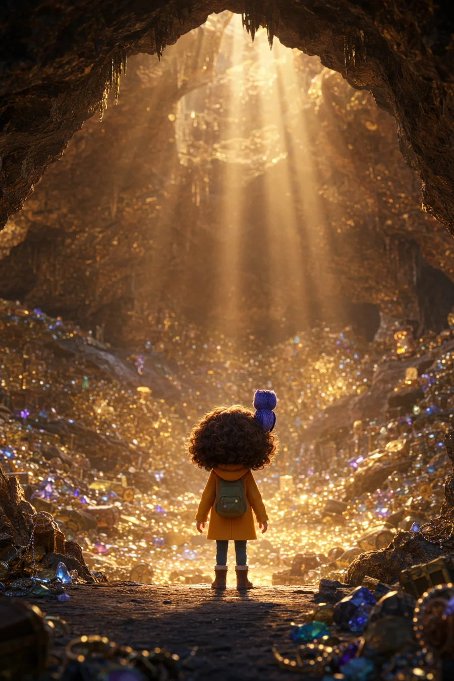 Sam, with Vibo perched beside her, entering a gold cave filled with diamonds